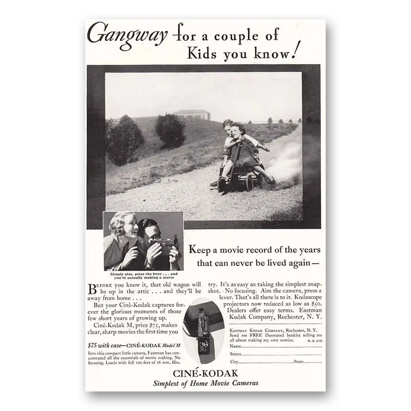 1932 Cine Kodak M Camera Gangway for a Couple of Kids You Know Vintage Magazine Print Ad