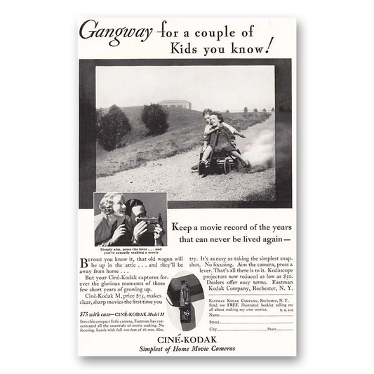 1932 Cine Kodak M Camera Gangway for a Couple of Kids You Know Vintage Magazine Print Ad