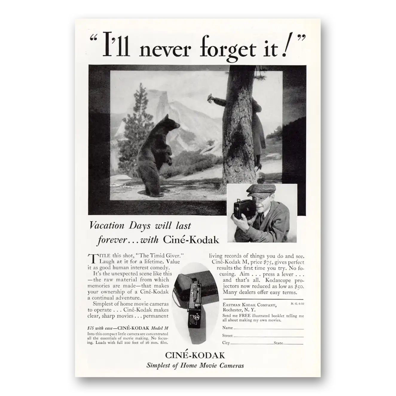 1932 Cine Kodak M Camera Never Forget It Bears Vintage Magazine Print Ad