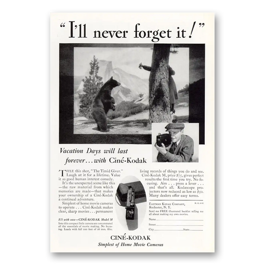 1932 Cine Kodak M Camera Never Forget It Bears Vintage Magazine Print Ad