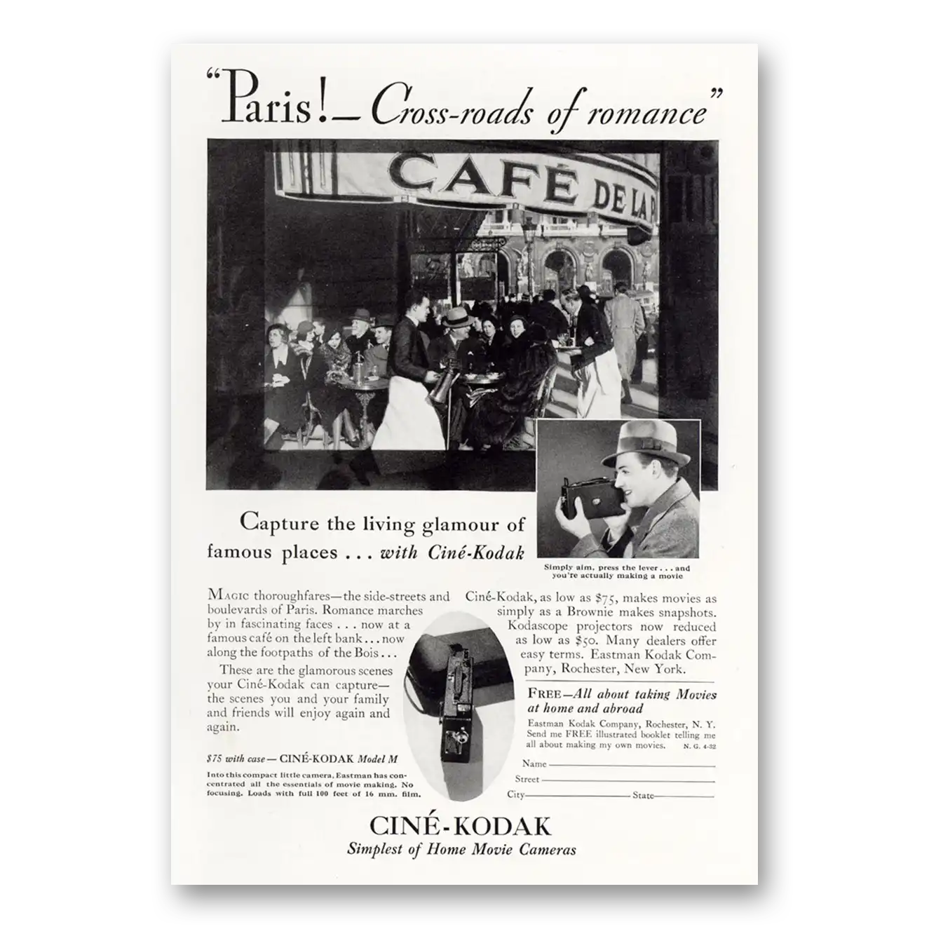 1932 Cine Kodak M Camera Paris Cross Roads of Romance Vintage Magazine Print Ad