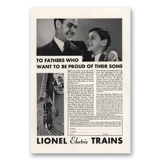 1932 Lionel Trains Fathers Who Want to Be Proud of Their Sons Vintage Magazine Print Ad