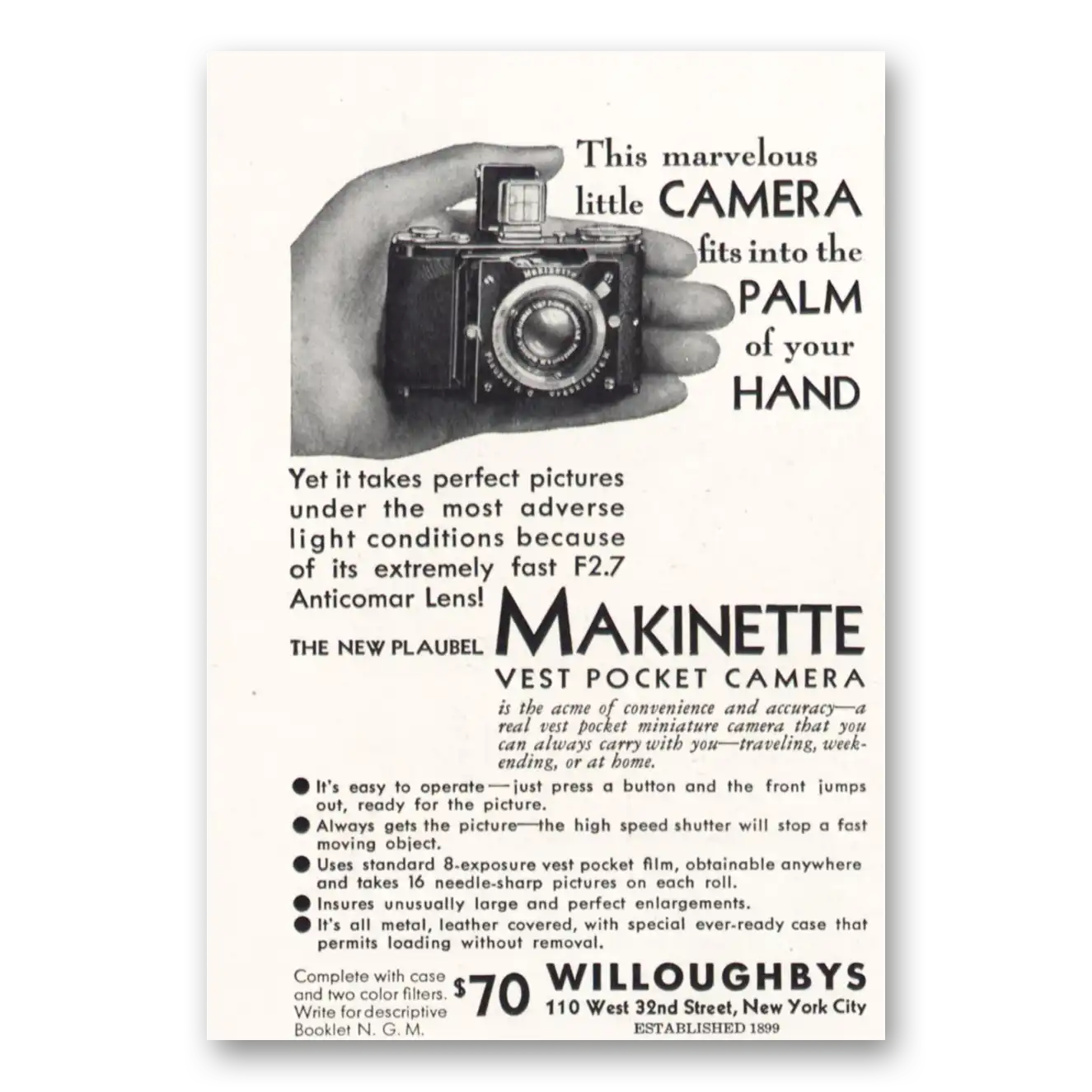 1932 Makinette Vest Pocket Camera Palm of Your Hand Vintage Magazine Print Ad