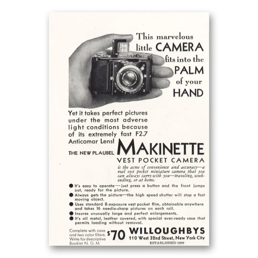 1932 Makinette Vest Pocket Camera Palm of Your Hand Vintage Magazine Print Ad