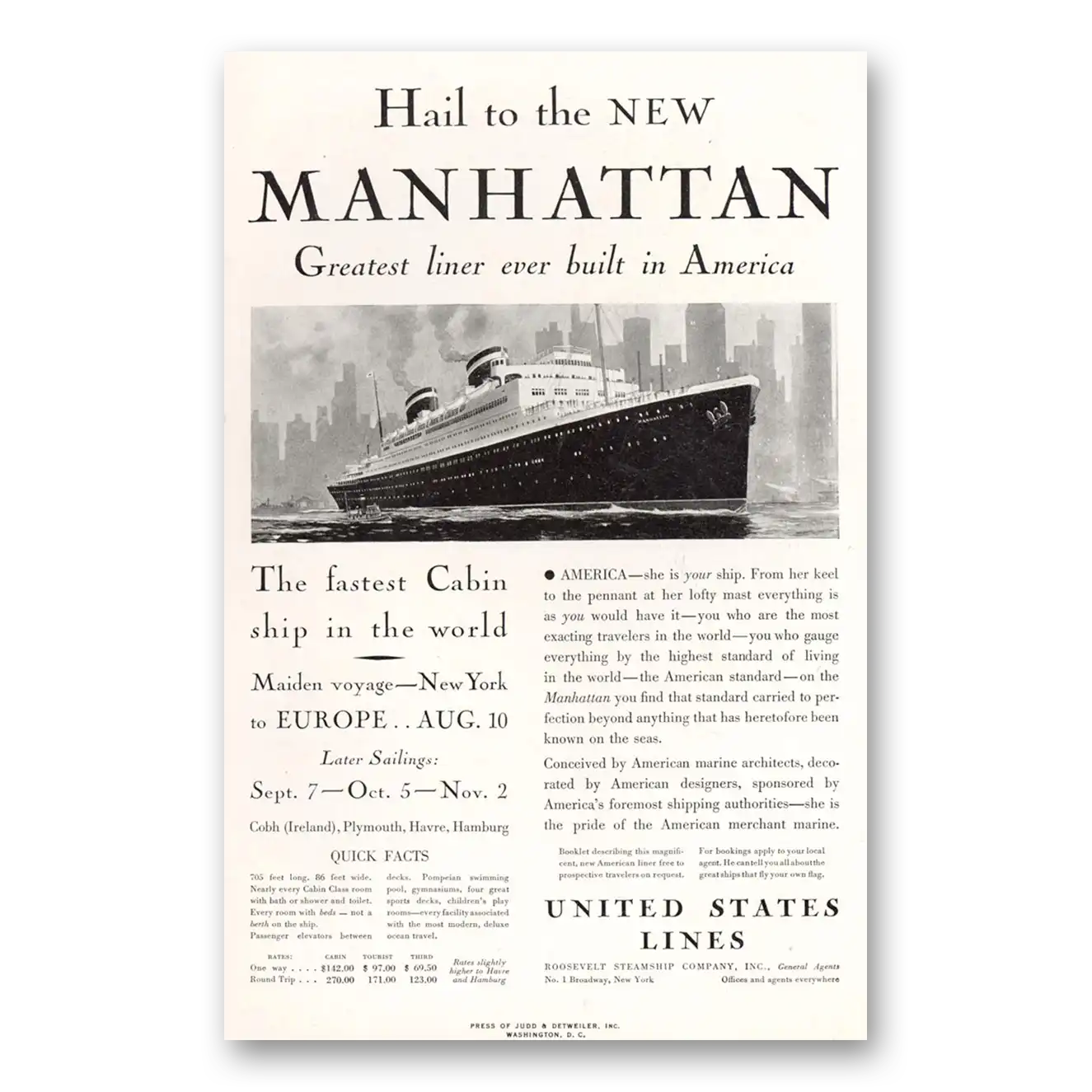 1932 United States Lines Hail to the New Manhattan Vintage Magazine Print Ad