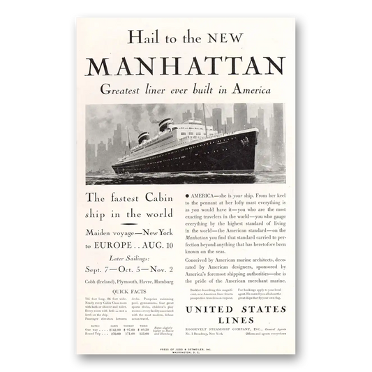 1932 United States Lines Hail to the New Manhattan Vintage Magazine Print Ad