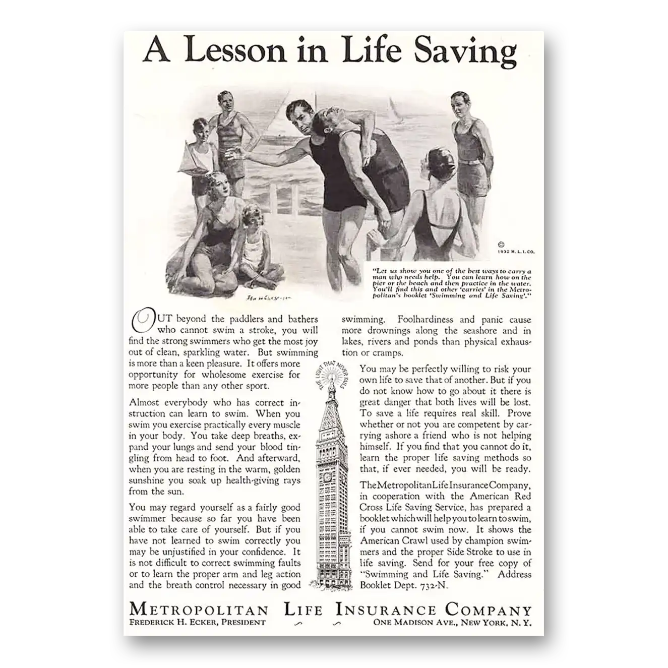 1932 Metropolitan Life Insurance Lesson in Life Saving Vintage Magazine Print Ad