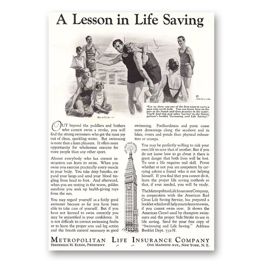 1932 Metropolitan Life Insurance Lesson in Life Saving Vintage Magazine Print Ad