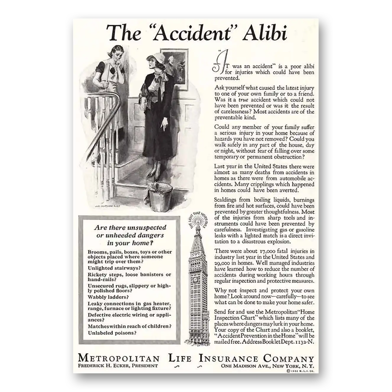 1932 Metropolitan Life Insurance Accident Alibi Vintage Magazine Print Ad