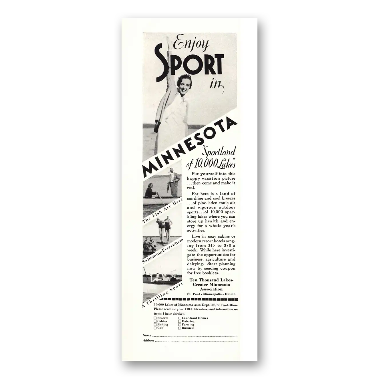 1932 Minnesota Sportland of 10000 Lakes Vintage Magazine Print Ad