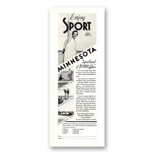 1932 Minnesota Sportland of 10000 Lakes Vintage Magazine Print Ad