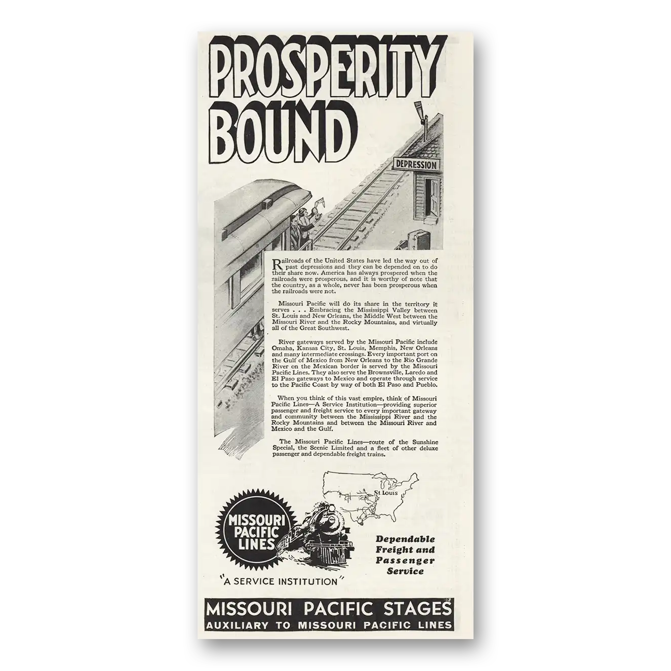 1932 Missouri Pacific Lines Stages Prosperity Bound Vintage Magazine Print Ad