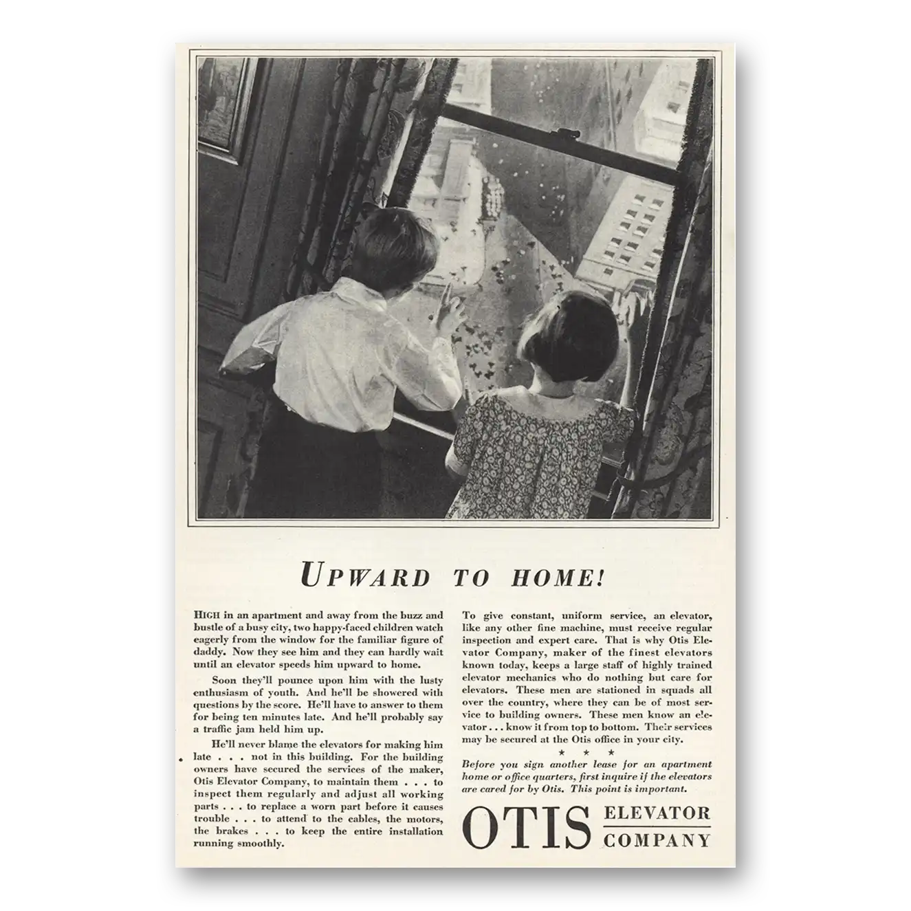 1932 Otis Elevator Upward to Home Vintage Magazine Print Ad