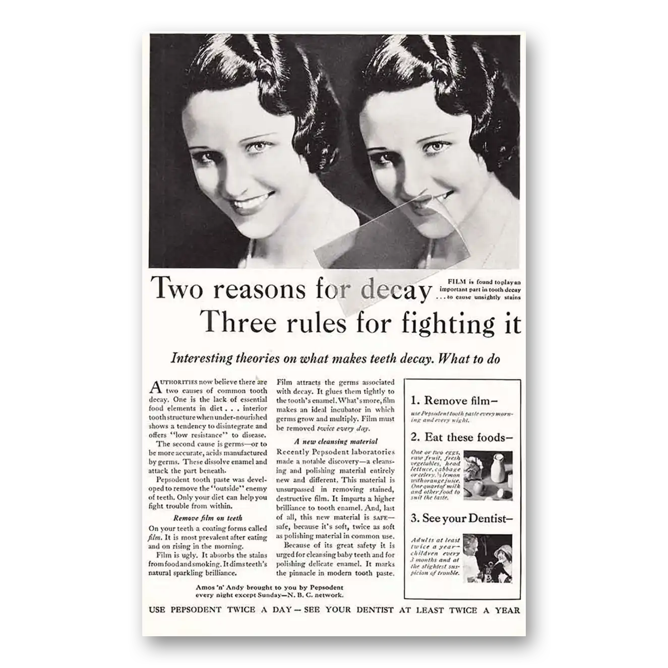 1932 Pepsodent Two Reasons for Decay Vintage Magazine Print Ad