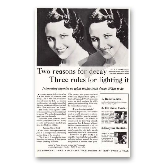 1932 Pepsodent Two Reasons for Decay Vintage Magazine Print Ad