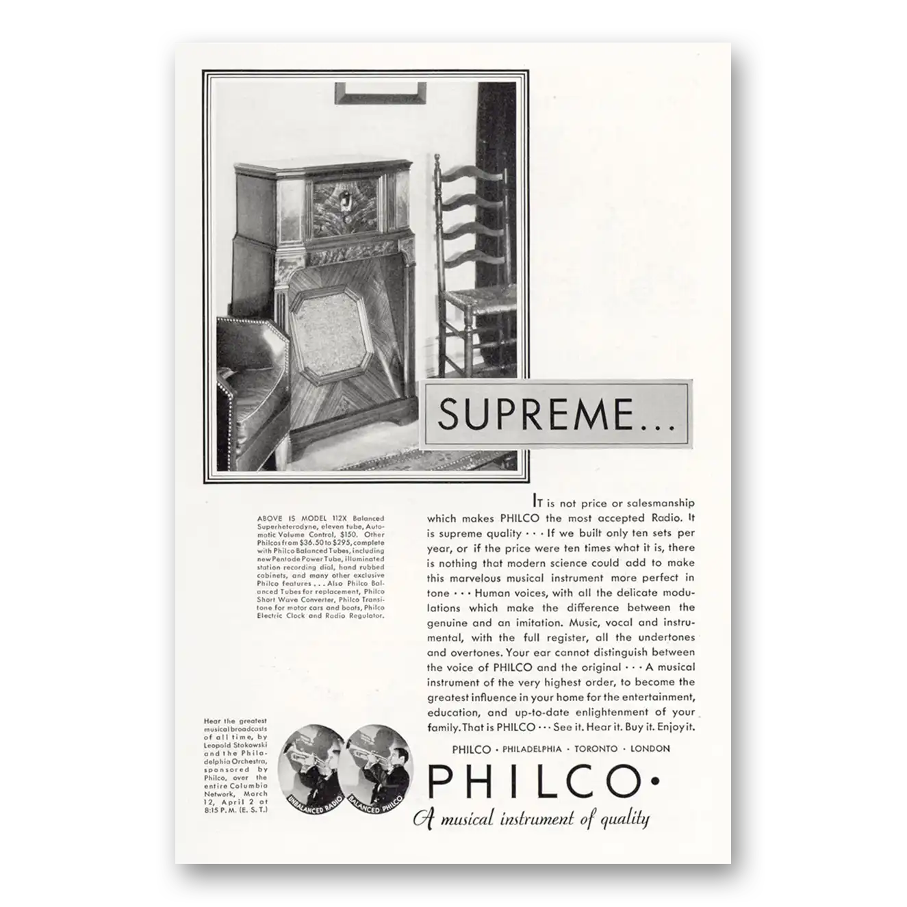 1932 Philco Radio Supreme Vintage Magazine Print Ad