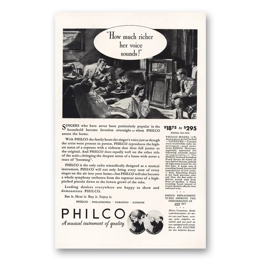 1932 Philco Radio How Much Richer Her Voice Sounds Vintage Magazine Print Ad