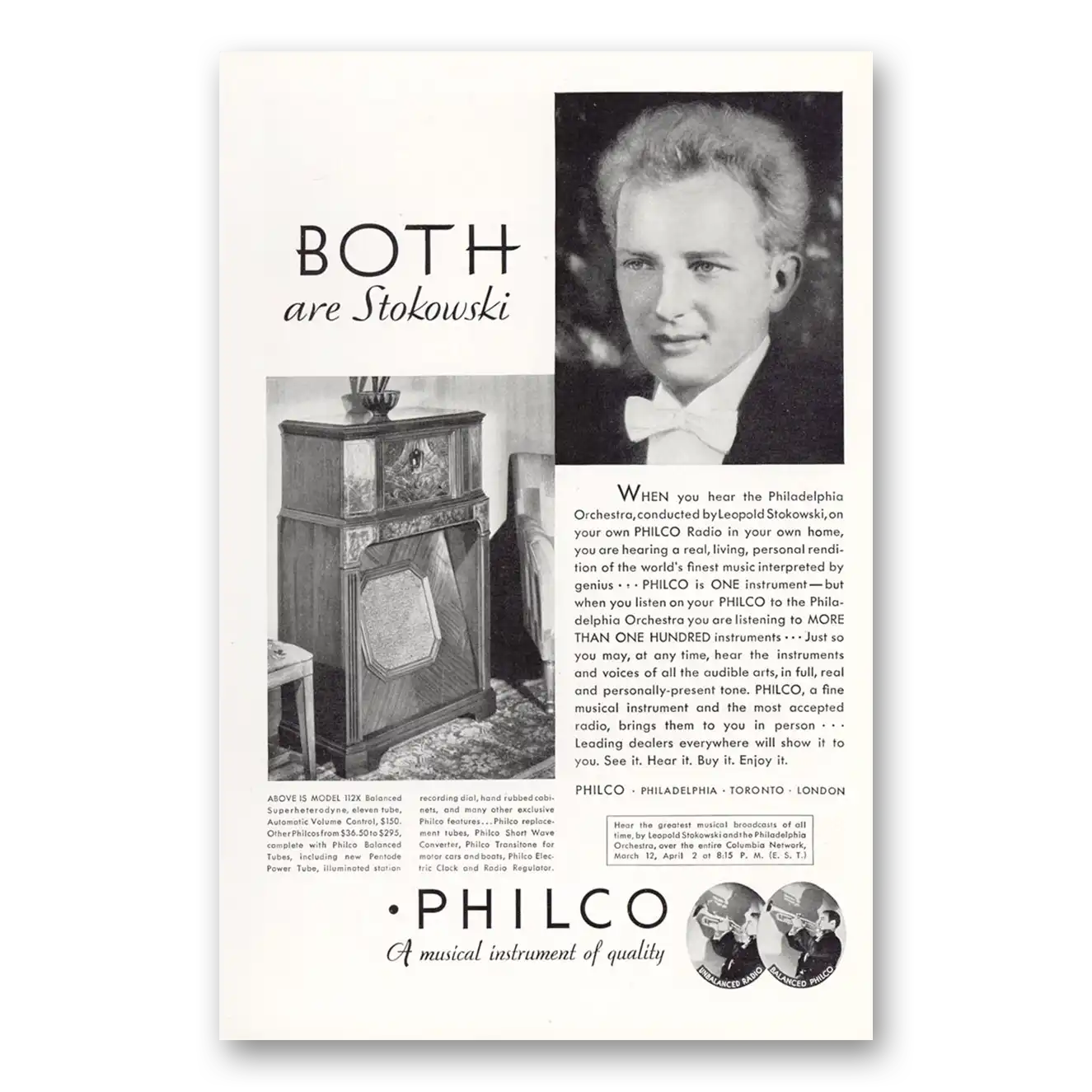 1932 Philco Radio Both Are Stokowski Vintage Magazine Print Ad