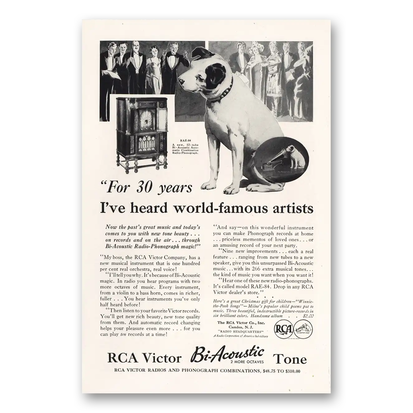 1932 RCA Victor Bi Acoustic Radio For 30 Years Ive Heard World Famous Artists Vintage Magazine Print Ad