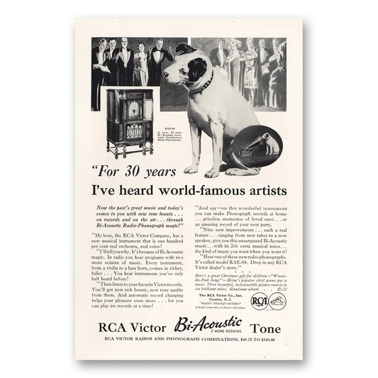 1932 RCA Victor Bi Acoustic Radio For 30 Years Ive Heard World Famous Artists Vintage Magazine Print Ad