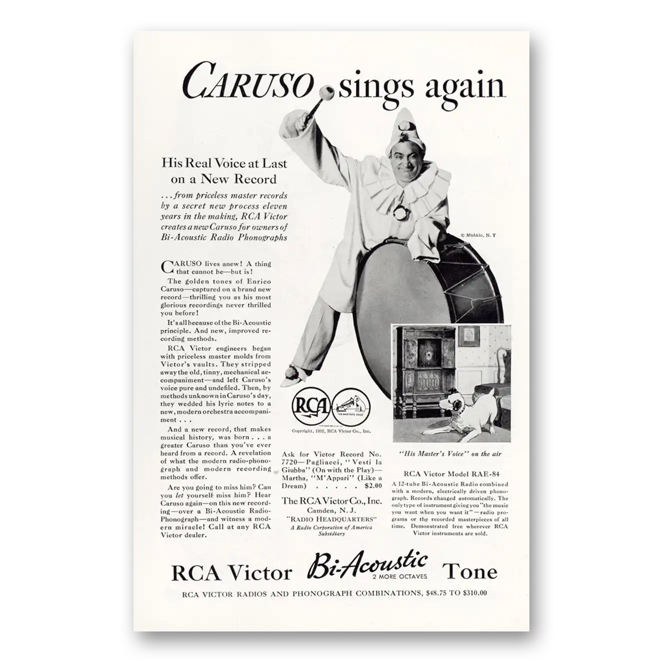 1932 RCA Victor Bi Acoustic Radio Caruso Sings Again Vintage Magazine Print Ad