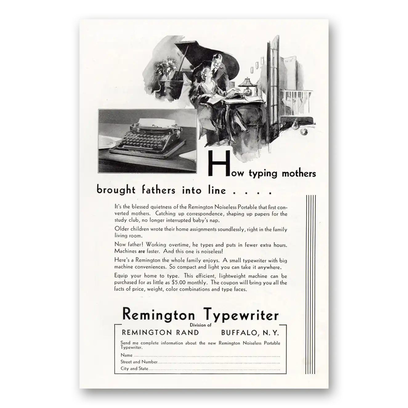 1932 Remington Typewriter Typing Mothers Brought Fathers Into Line Vintage Magazine Print Ad