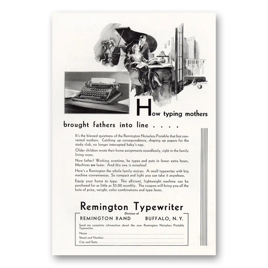 1932 Remington Typewriter Typing Mothers Brought Fathers Into Line Vintage Magazine Print Ad