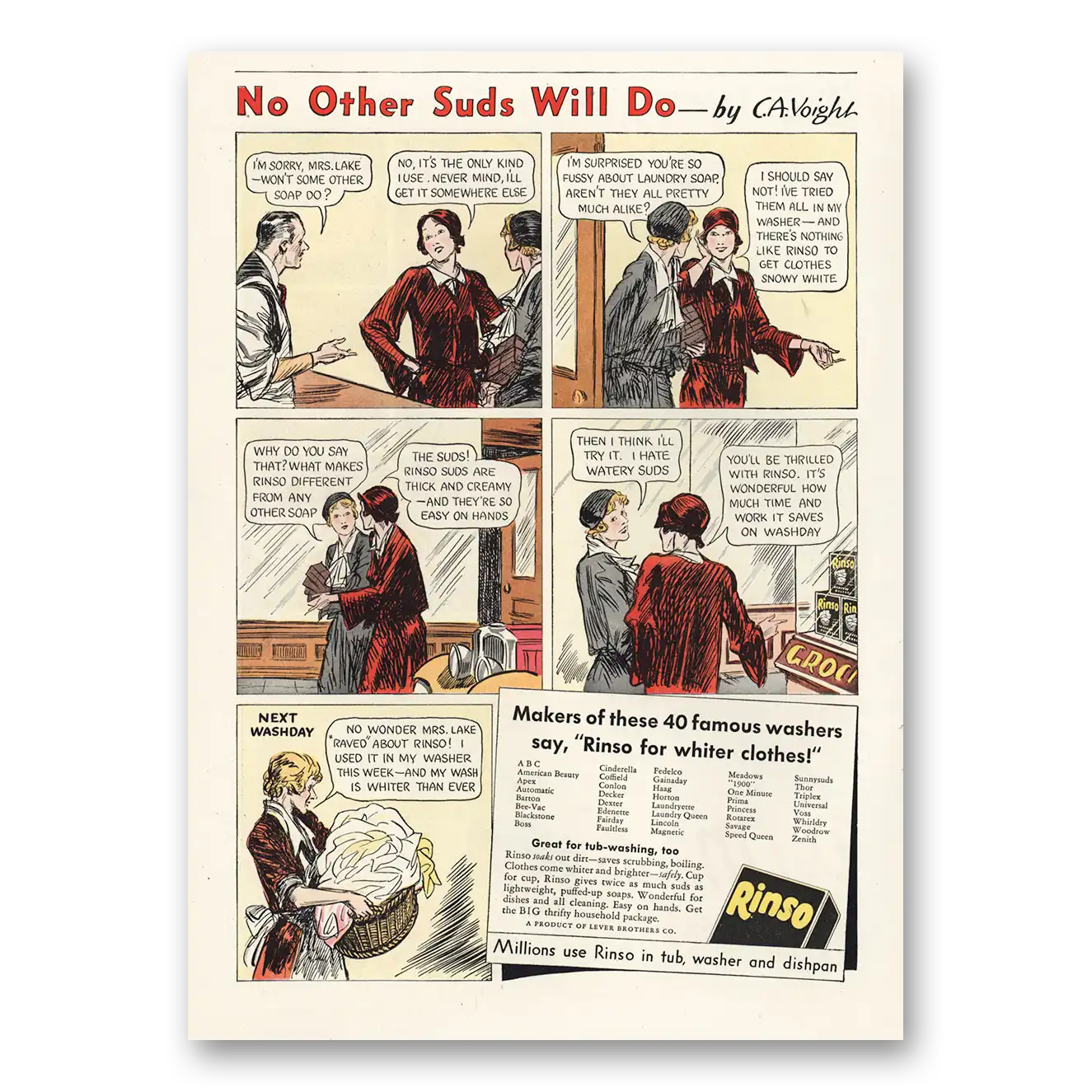 1932 Rinso Detergent No Other Suds Will Do C A Voight Vintage Magazine Print Ad