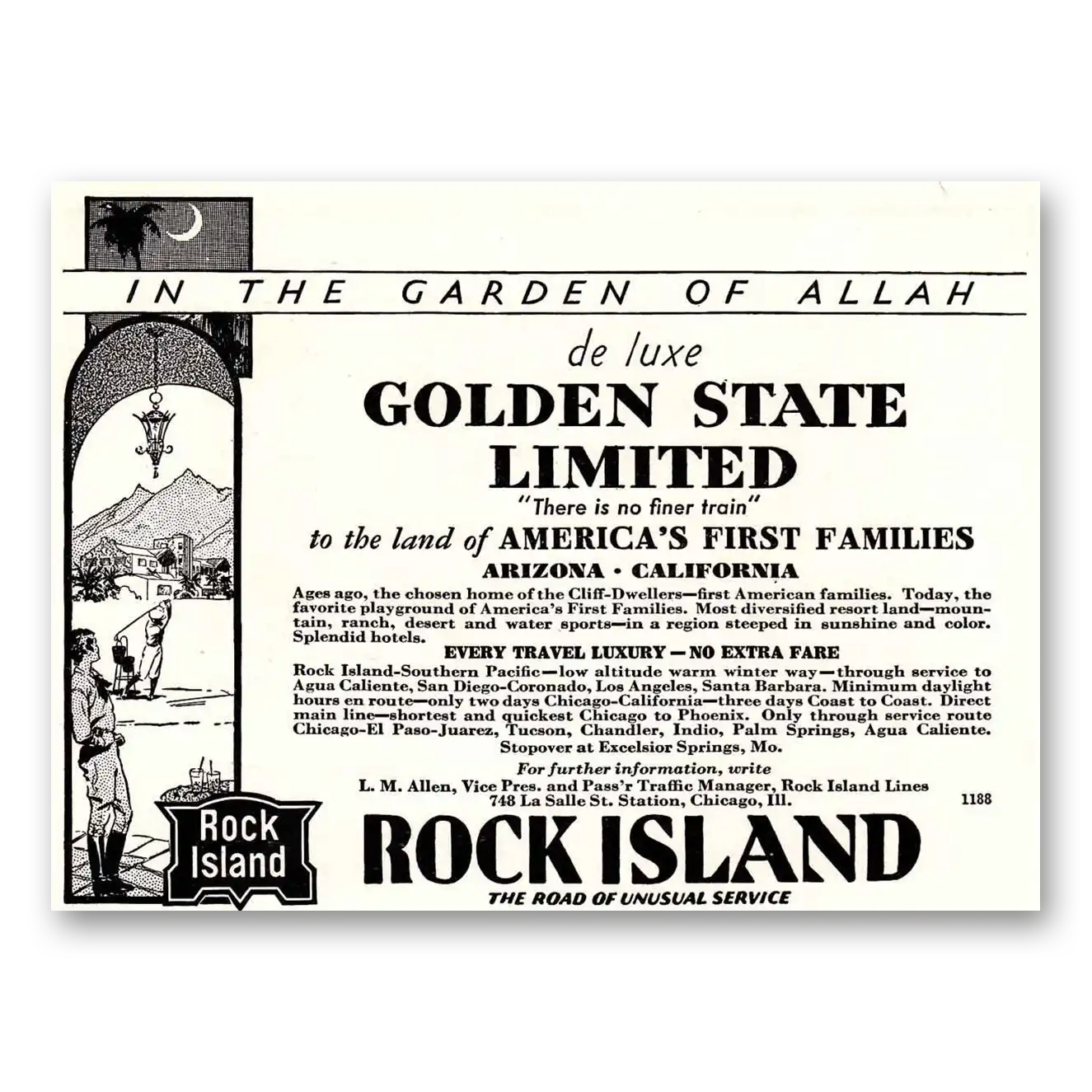 1932 Rock Island Lines Garden of Allah Golden State Vintage Magazine Print Ad