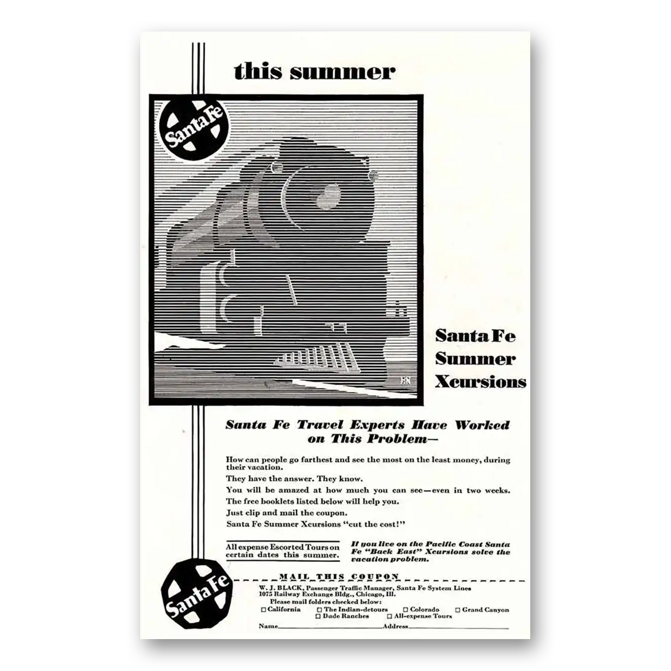 1932 Santa Fe Railway WNZL Santa Fe Summer Xcursions Vintage Magazine Print Ad