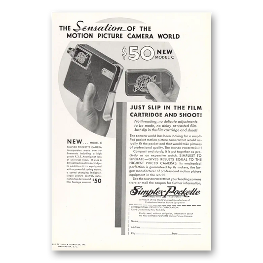 1932 Simplex Pockette Sensation of Motion Picture Camera World Vintage Magazine Print Ad