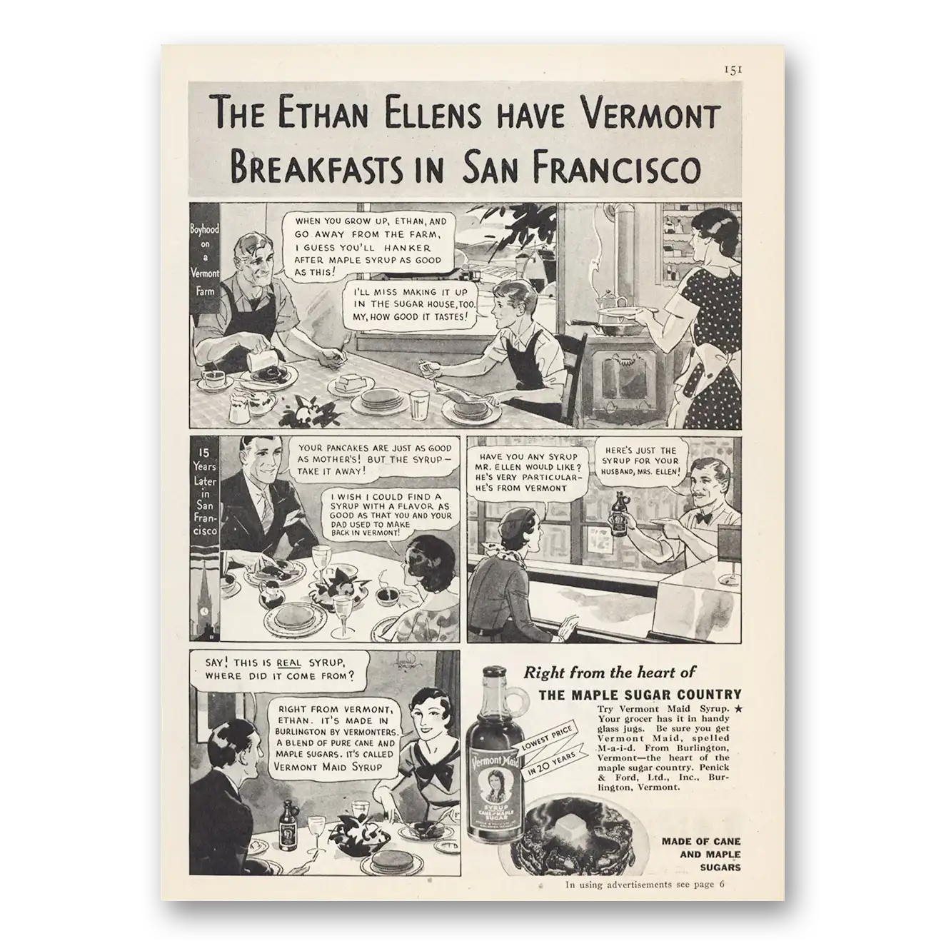 1932 Vermont Maid Syrup Ethan Ellens Have Vermont Breakfasts San Francisco Vintage Magazine Print Ad