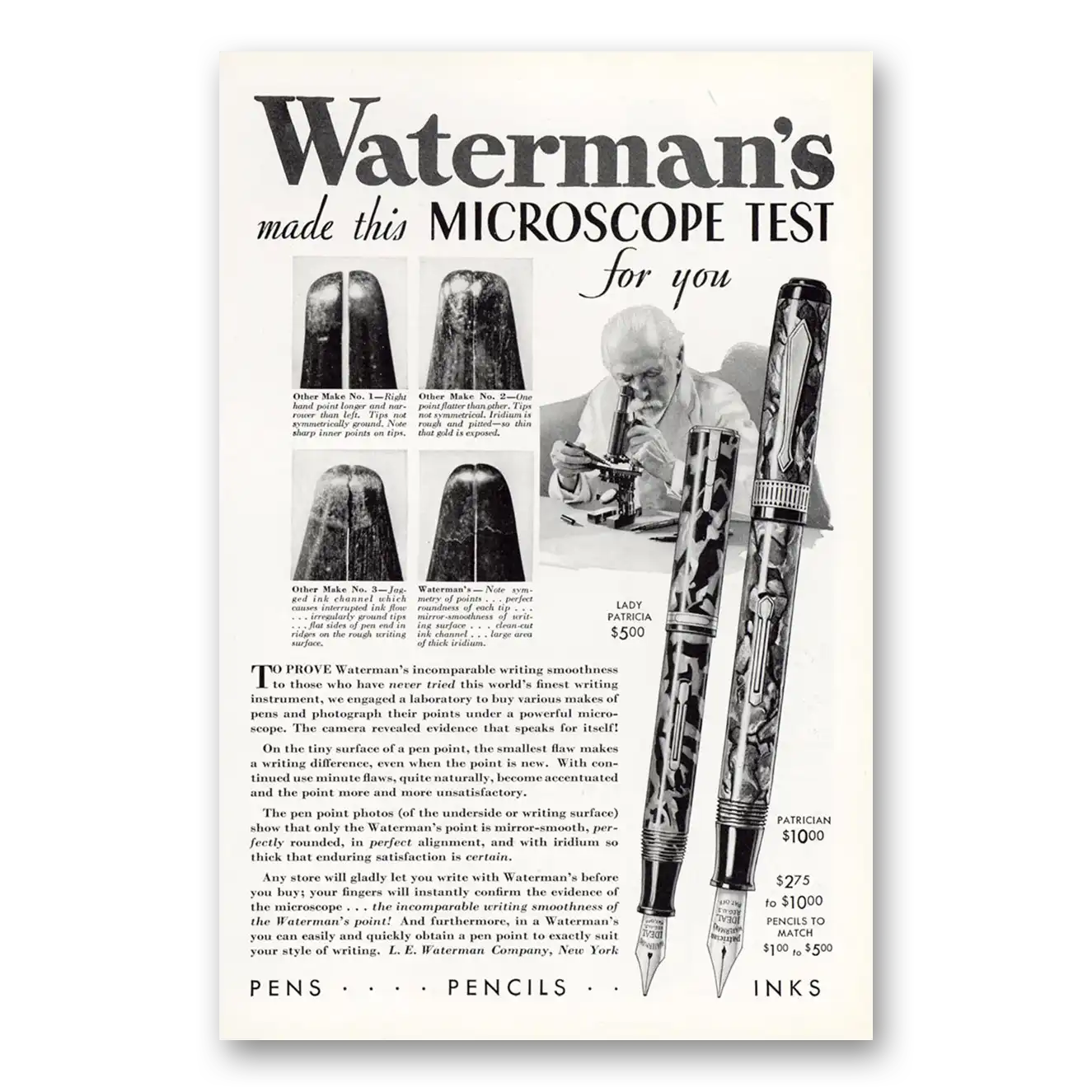 1932 Watermans Pen Made This Microscope Test For You Vintage Magazine Print Ad