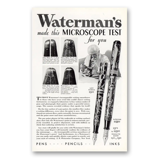 1932 Watermans Pen Made This Microscope Test For You Vintage Magazine Print Ad