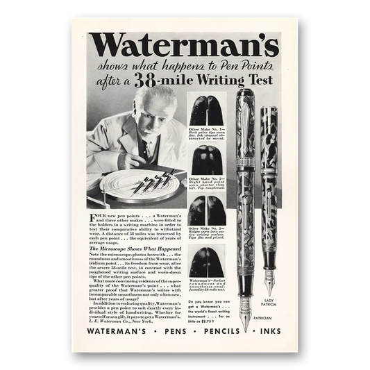 1932 Watermans Pen Writing Test Vintage Magazine Print Ad