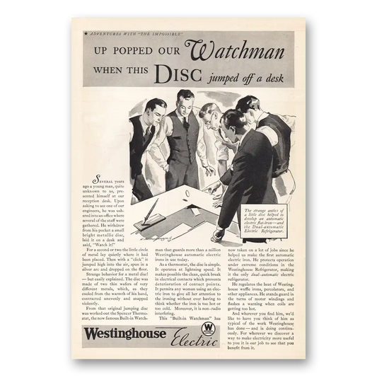 1932 Westinghouse Electric We Popped Our Watchman Vintage Magazine Print Ad