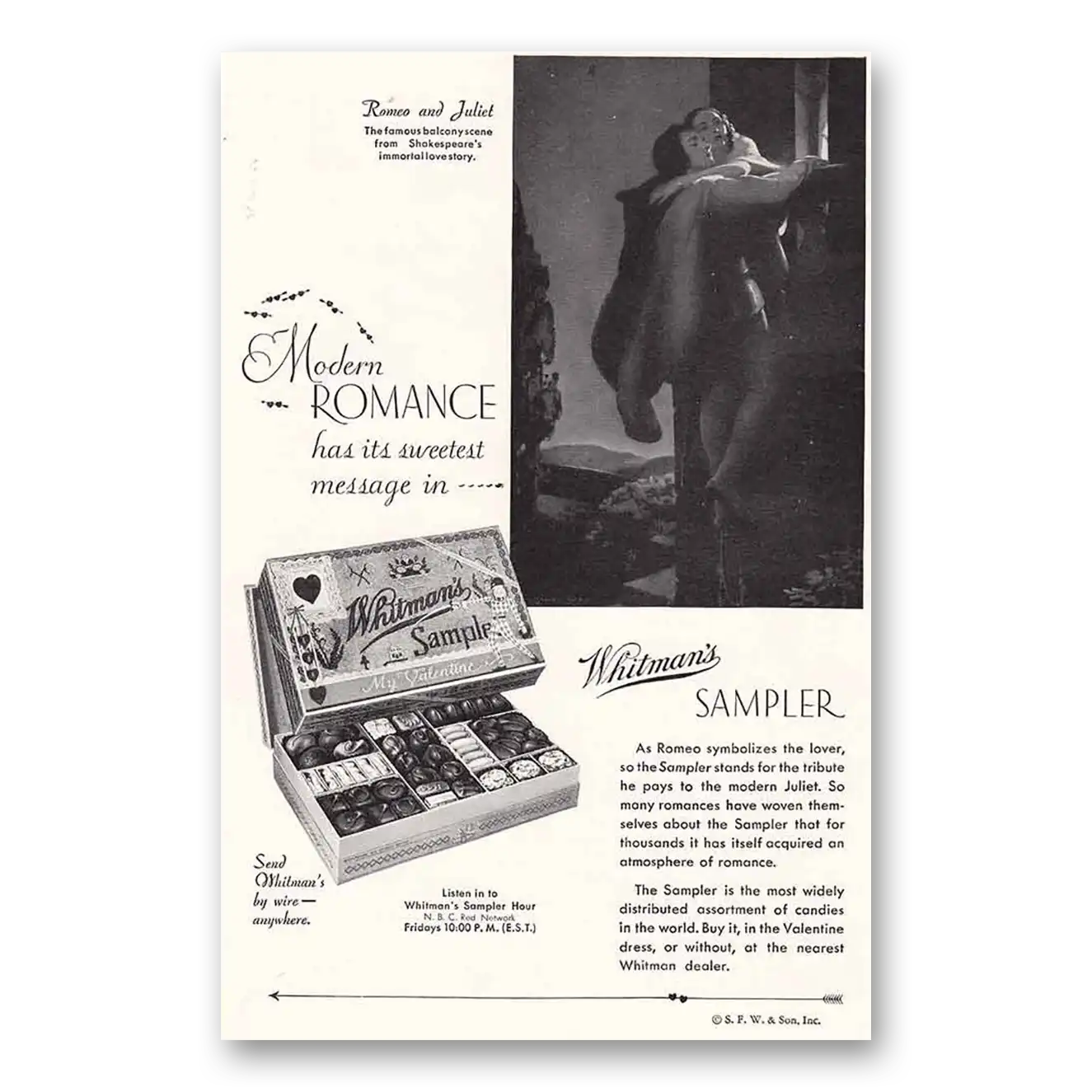 1932 Whitmans Chocolates Romeo and Juliet Vintage Magazine Print Ad