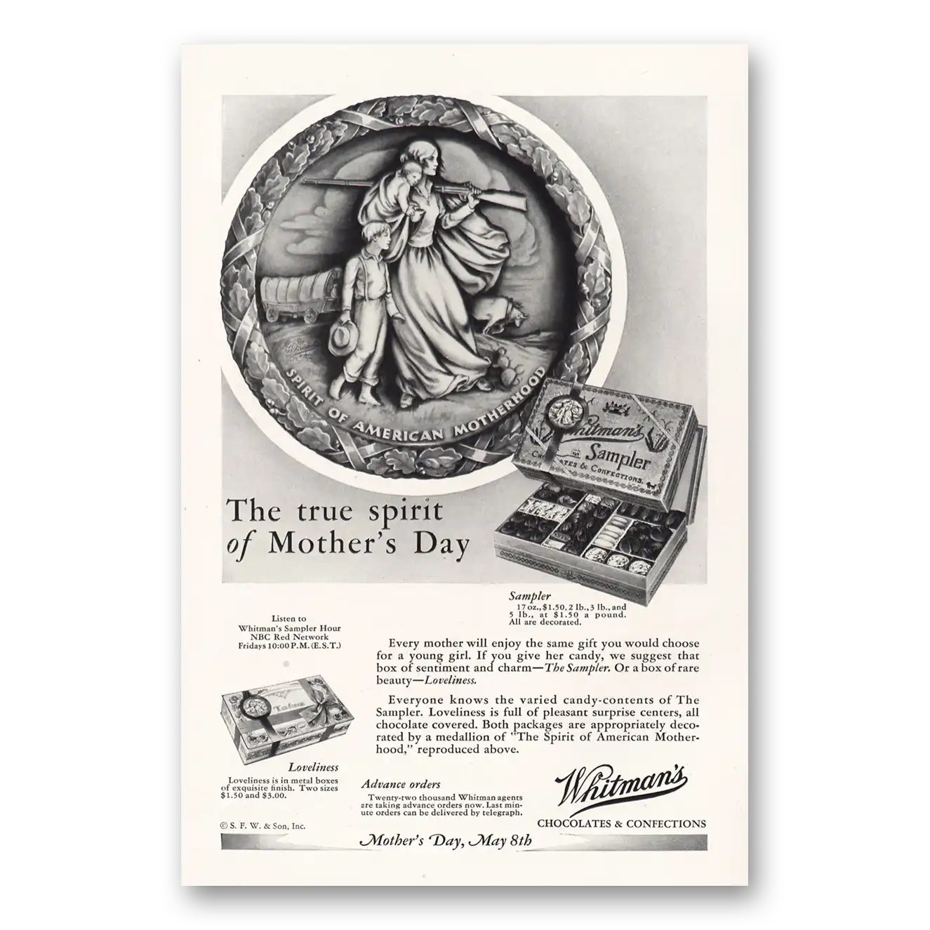 1932 Whitmans Chocolates True Spirit of Mothers Day Vintage Magazine Print Ad