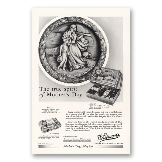 1932 Whitmans Chocolates True Spirit of Mothers Day Vintage Magazine Print Ad