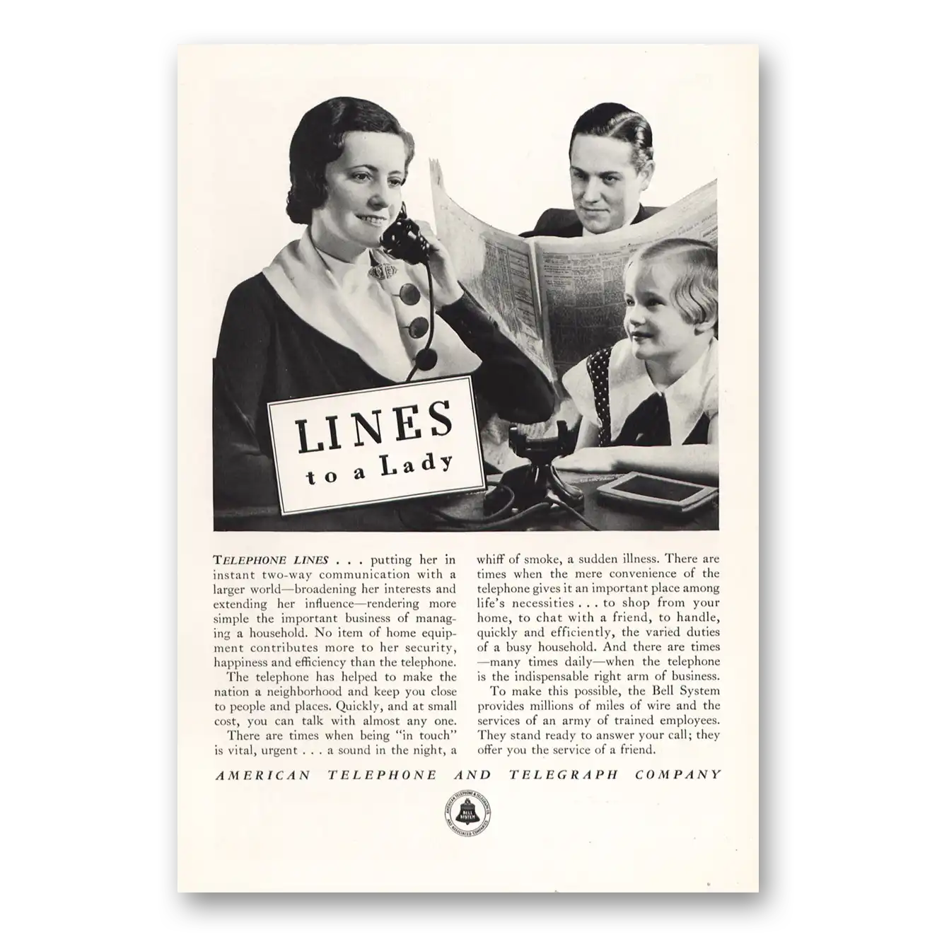 1933 American Telephone Lines to a Lady Vintage Magazine Print Ad