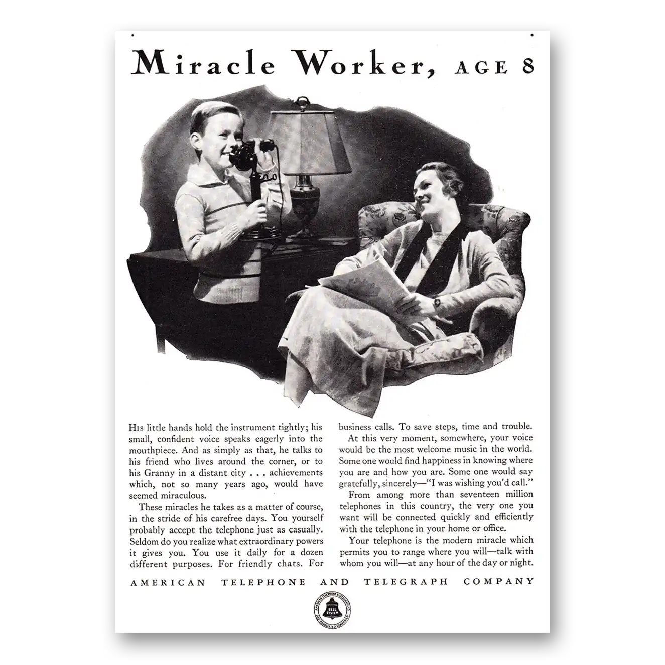 1933 American Telephone Miracle Worker Age 8 Vintage Magazine Print Ad