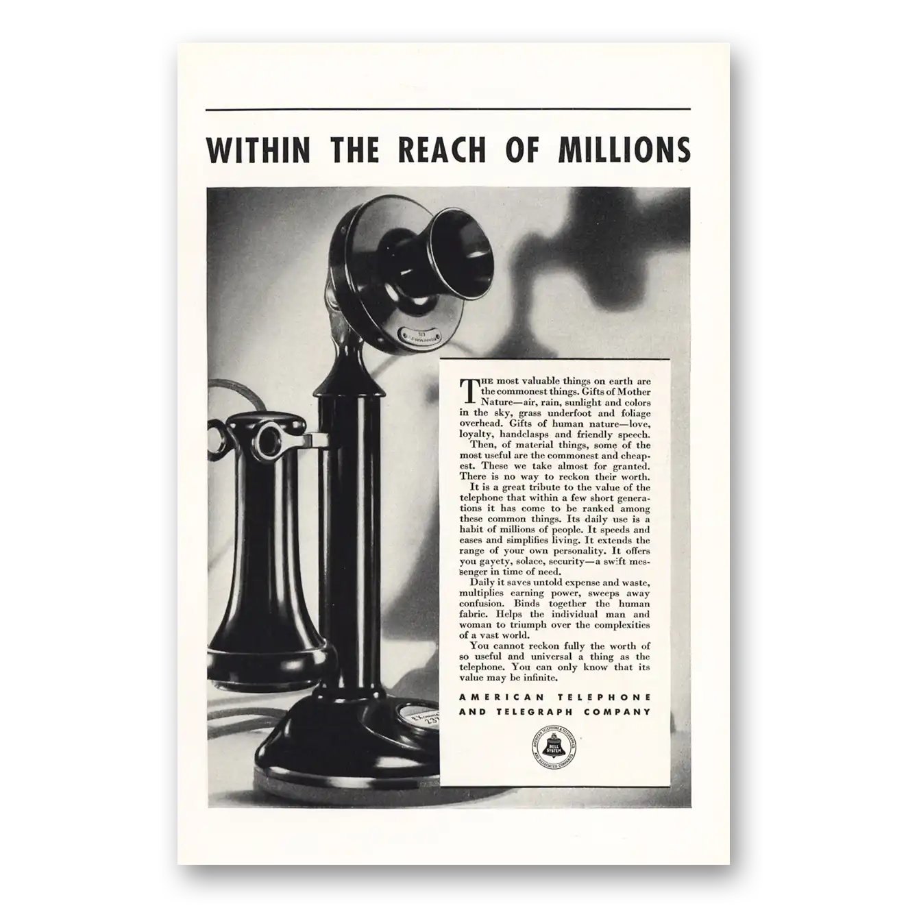 1933 American Telephone Within the Reach of Millions Vintage Magazine Print Ad