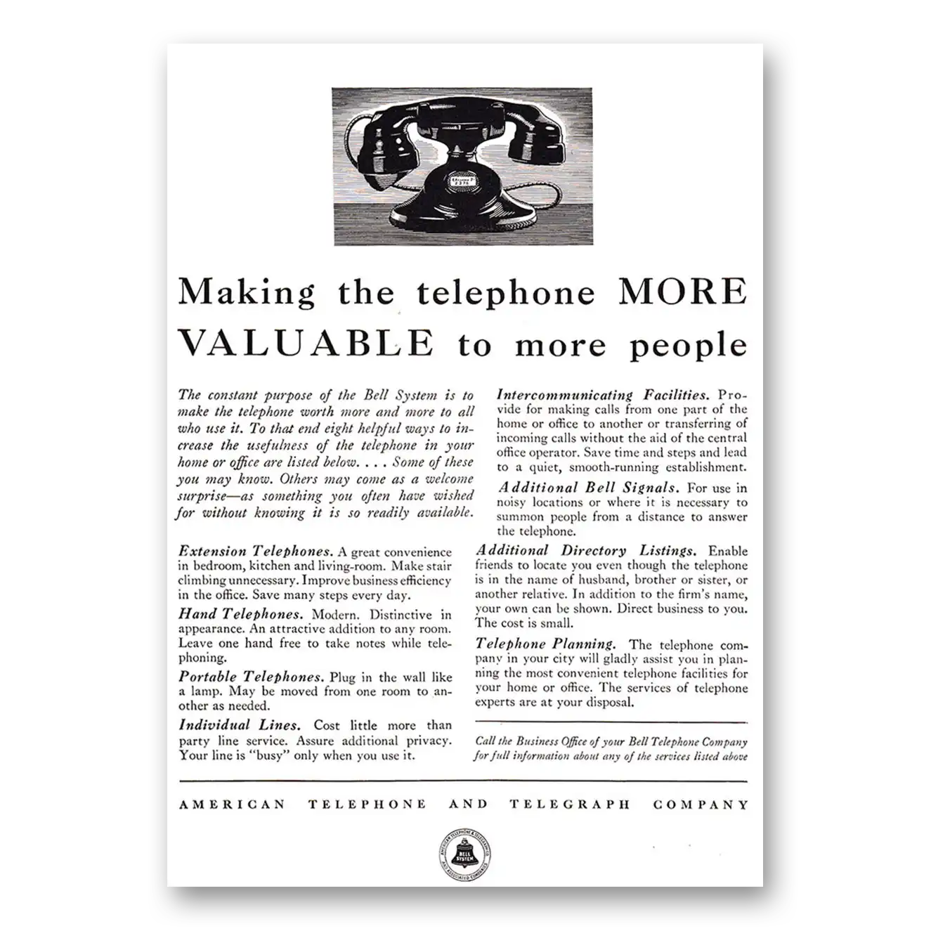 1933 American Telephone Making the Telephone More Valuable Vintage Magazine Print Ad