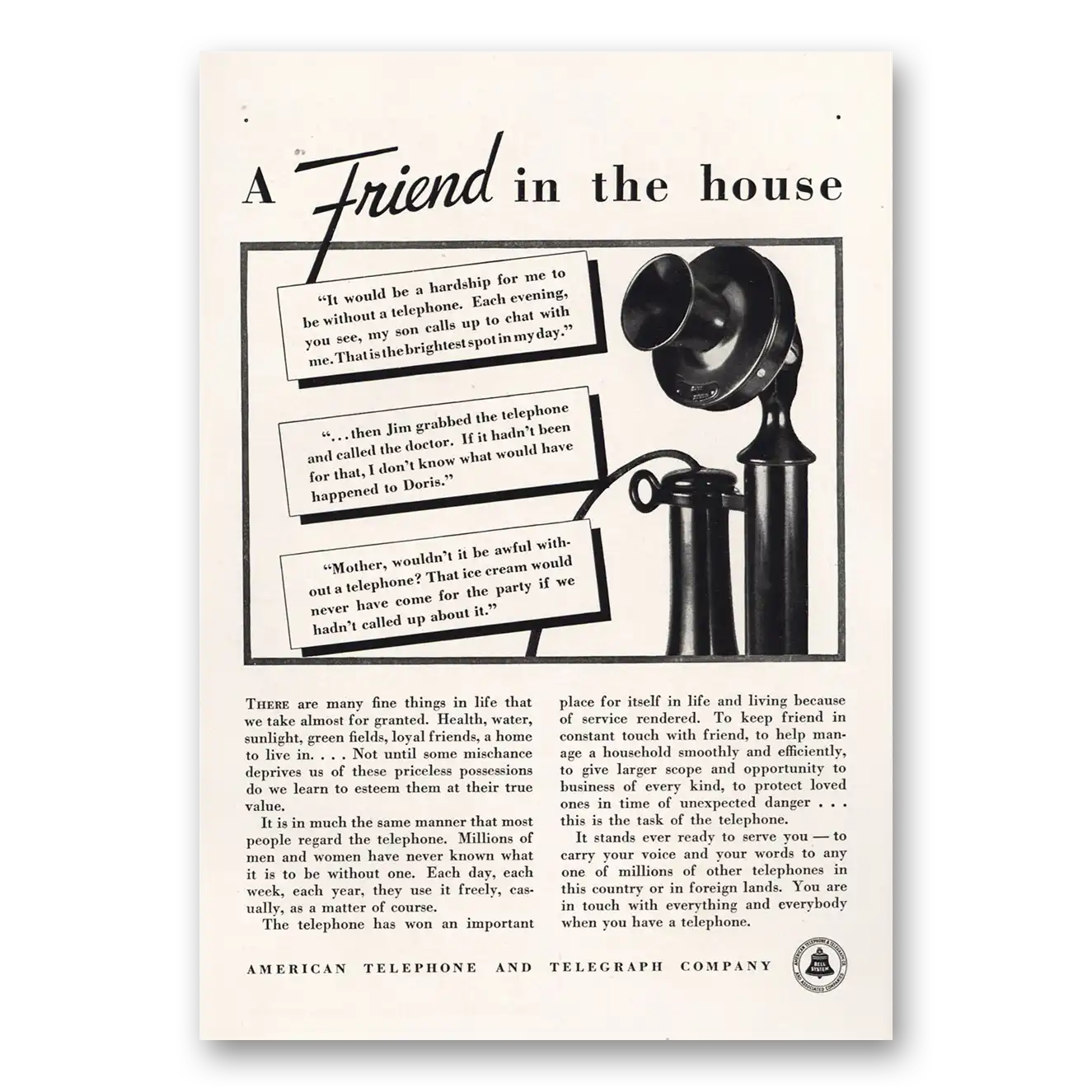 1933 American Telephone Friend in the House Vintage Magazine Print Ad