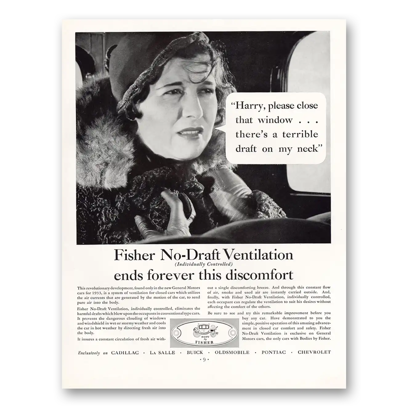 1933 Body by Fisher No Draft Ventilation Ends Forever This Discomfort Vintage Magazine Print Ad