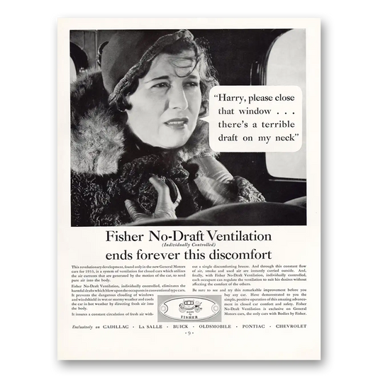 1933 Body by Fisher No Draft Ventilation Ends Forever This Discomfort Vintage Magazine Print Ad