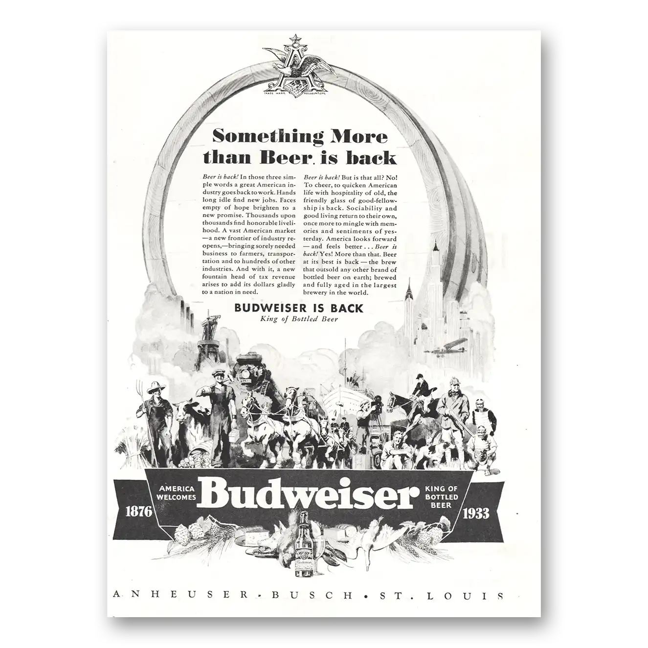 1933 Budweiser Beer Something More Than Beer Is Back Vintage Magazine Print Ad