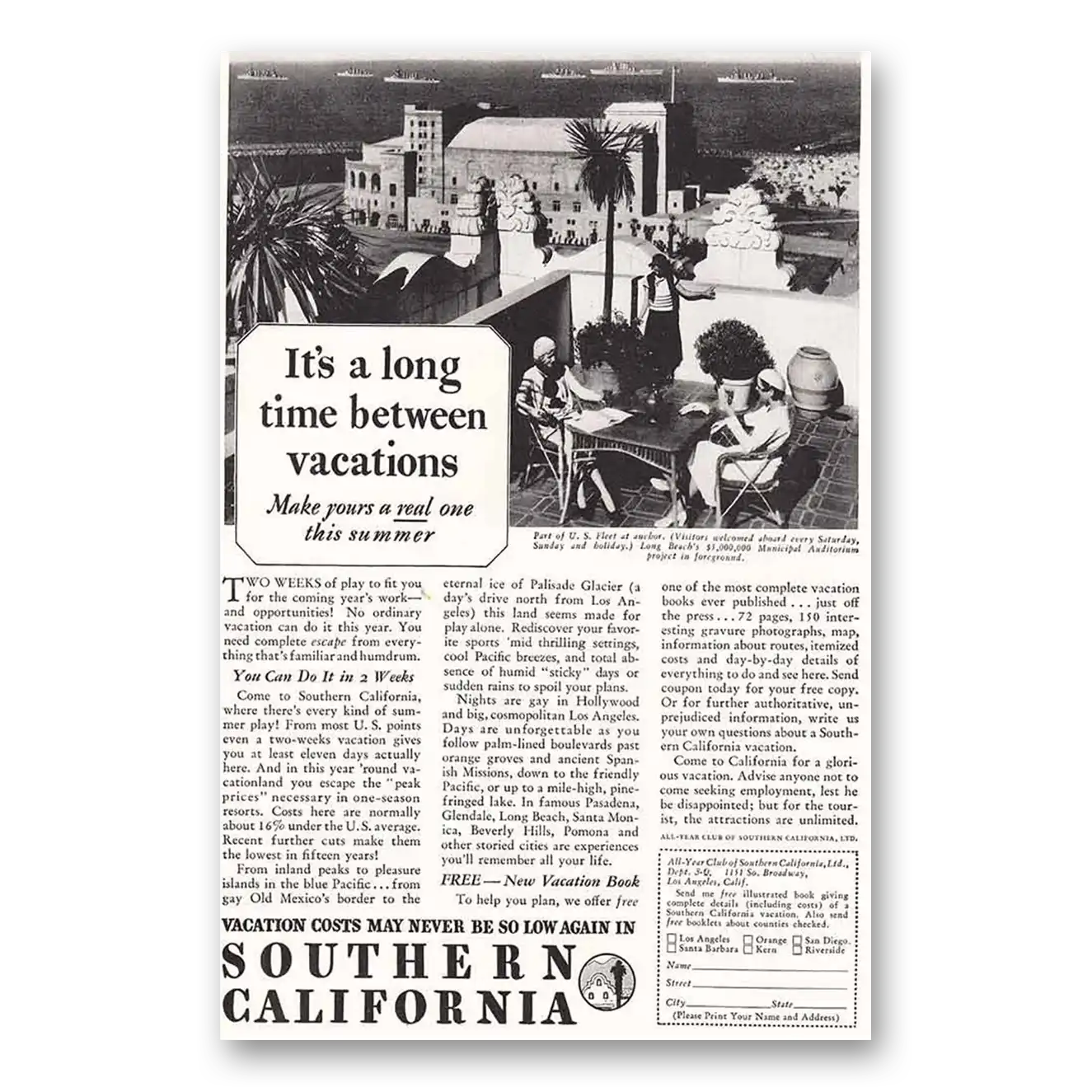 1933 Southern California Long Time Between Vacations Vintage Magazine Print Ad