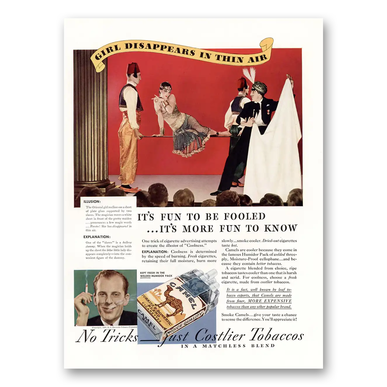 1933 Camel Cigarettes Girl Disappears In Thin Air Vintage Magazine Print Ad