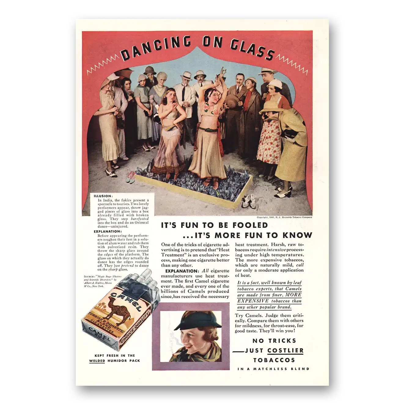 1933 Camel Cigarettes Dancing On Glass Vintage Magazine Print Ad